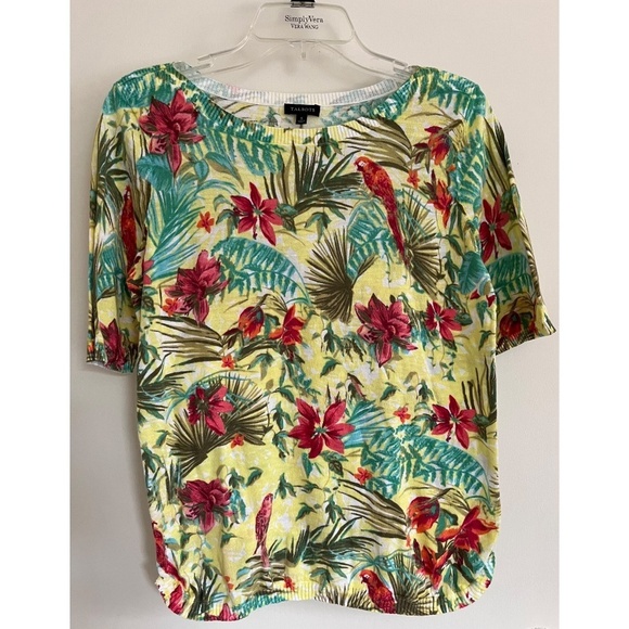 Talbots Tropical Parrot Bird Stretch Knit Blouse Short Sleeve Crew Neck, Size S - Picture 2 of 8
